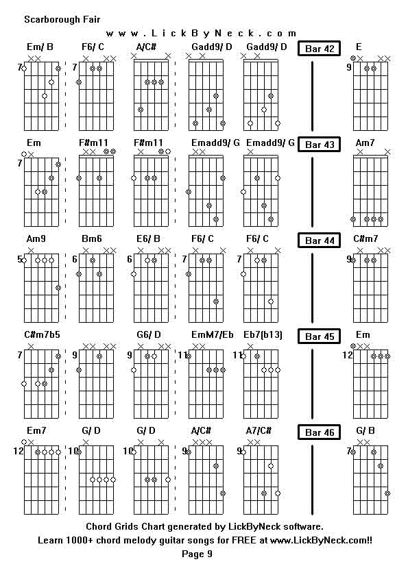 Chord Grids Chart of chord melody fingerstyle guitar song-Scarborough Fair,generated by LickByNeck software.